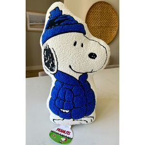 Peanuts Snoopy  Pillow Ivory Beige Holidays Christmas Puffy Blue Coat Cushion